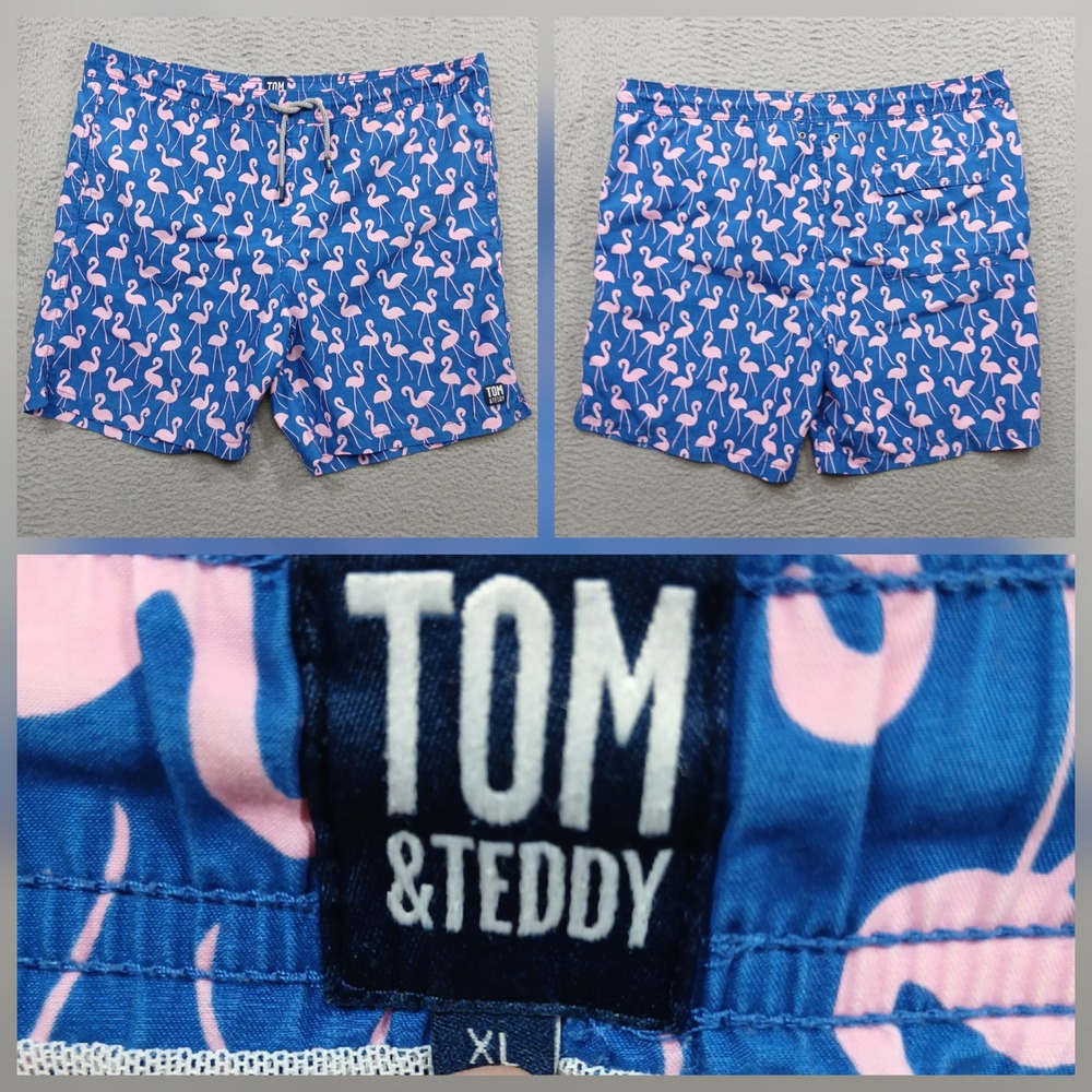 Tom & Teddy Flamingo Print Swim Trunks Mens XL Navy Blue Pink Lined EUC